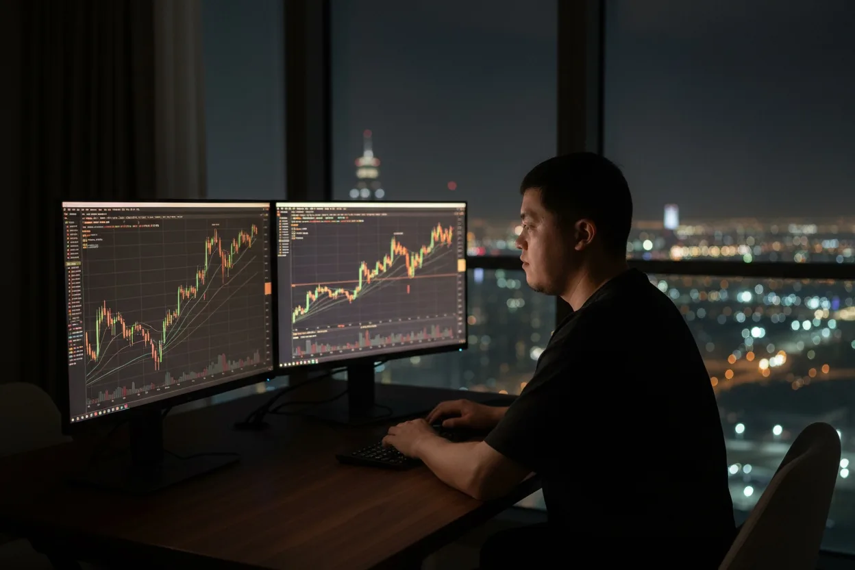 Two monitors showing gold charts at night, a man at the desk