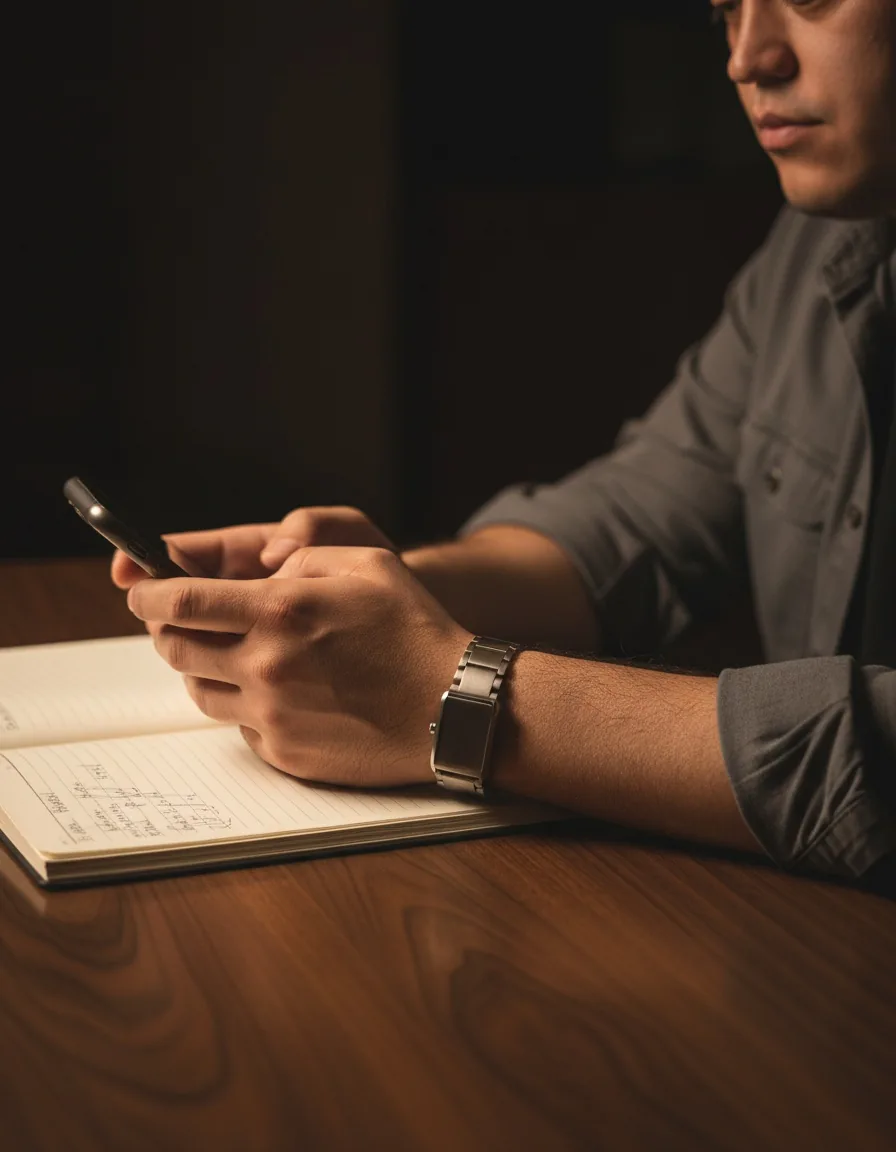 Hands holding a phone above an open notebook