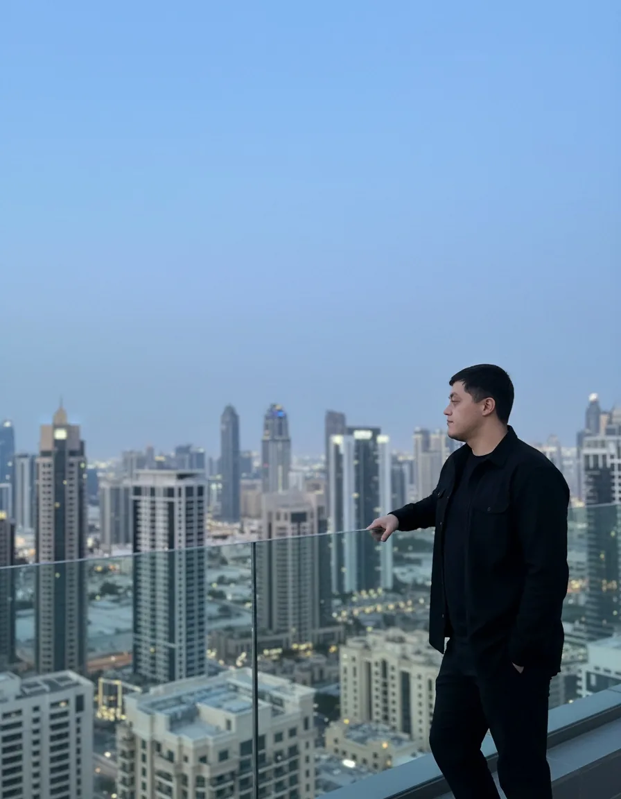 A man in black on a rooftop above city towers
