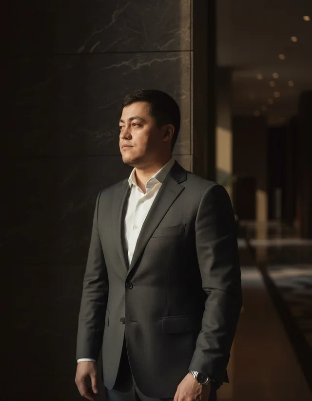 Portrait of Said in a charcoal suit in a Dubai hotel lobby